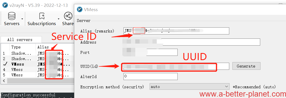 How to find the Service ID and UUID of the Just My Socks service in V2ray software